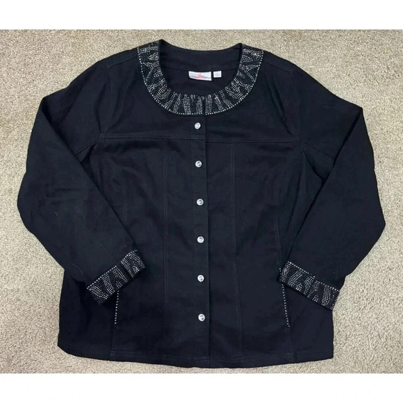 QUACKER FACTORY Black Jacket Rhinestones Button Front SZ 1X Goth Grunge Casual - Picture 2 of 9